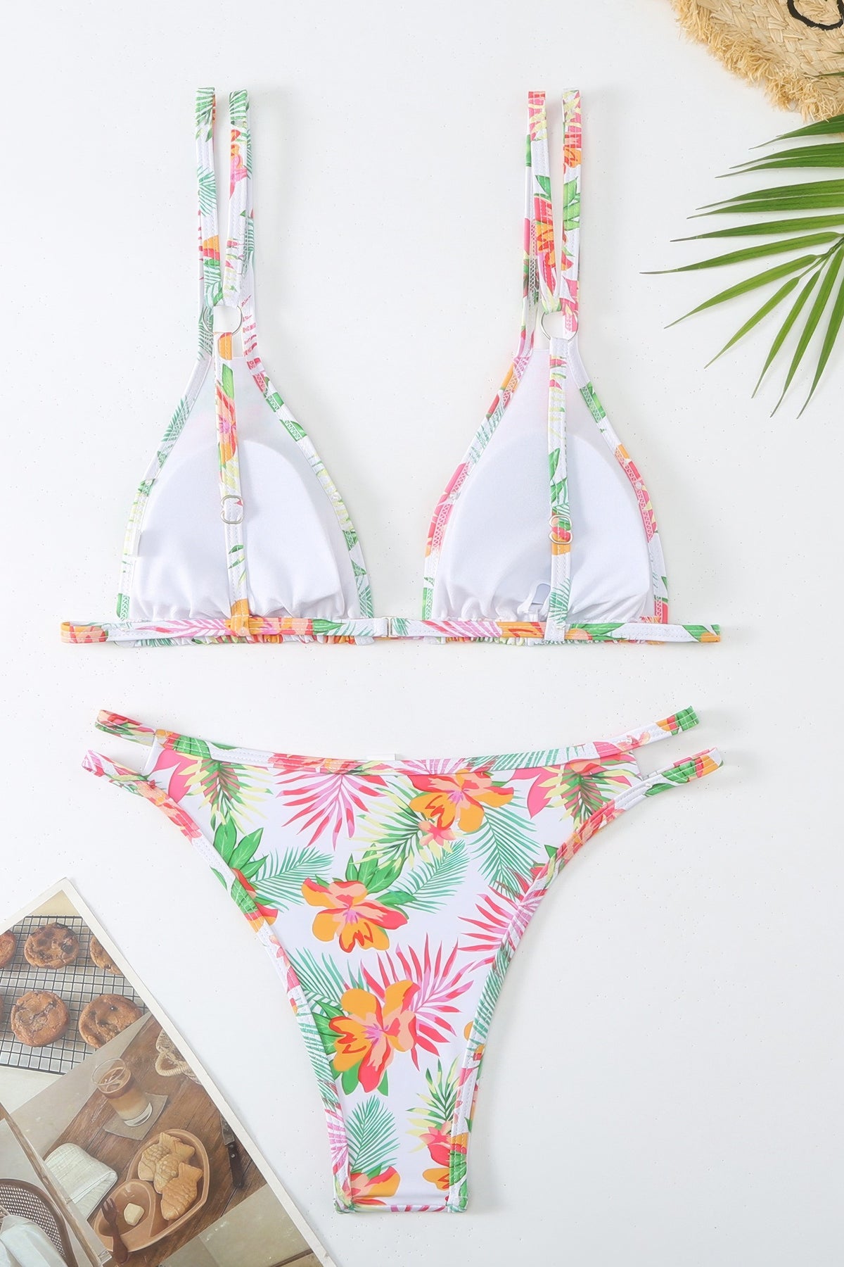 Floral Print Triangle Bikini Set High Cut Double Strap Two Piece Swimsuit