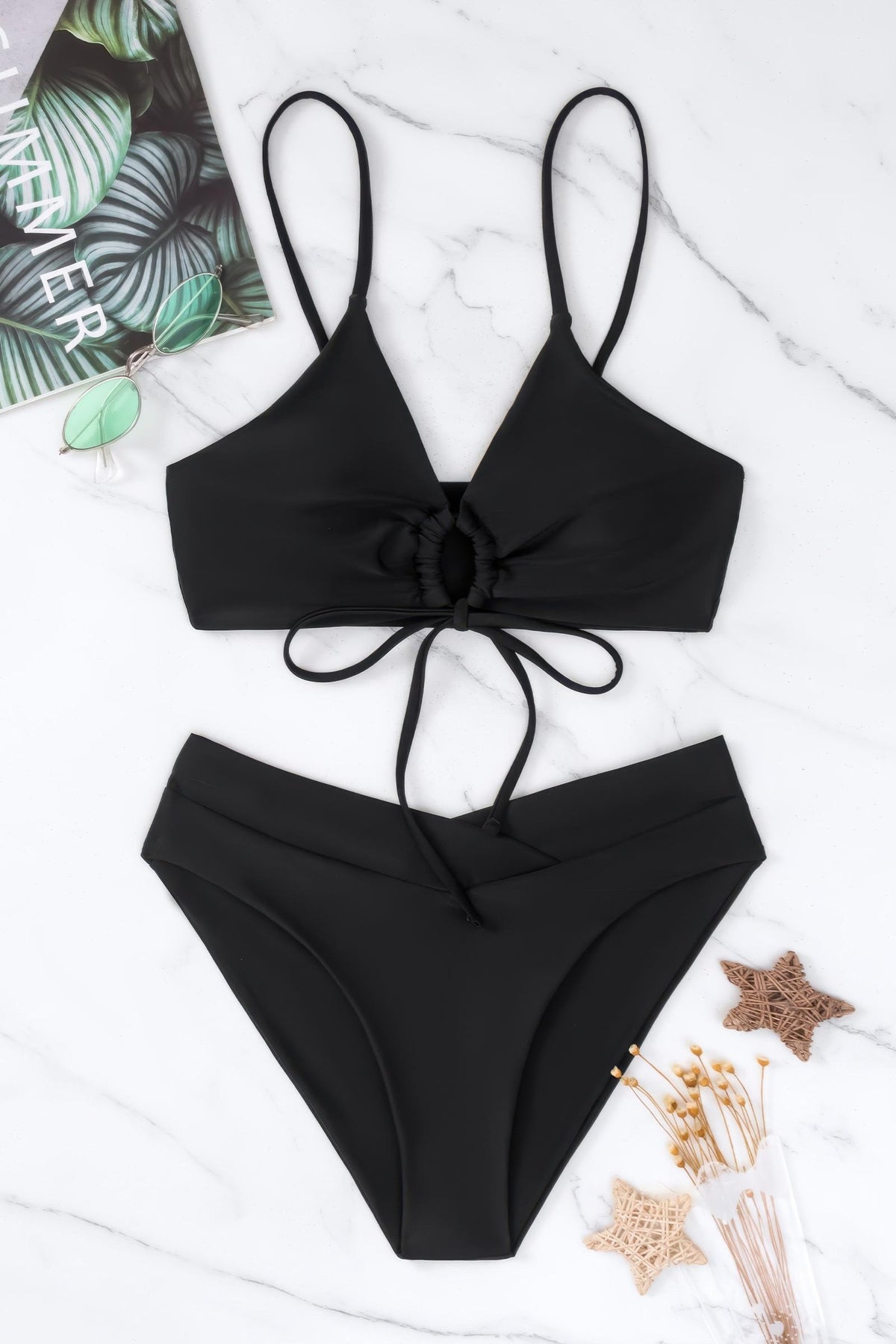 Front Tie O Ring High Waisted Bikini Set Cross Waist Two Piece Swimsuit