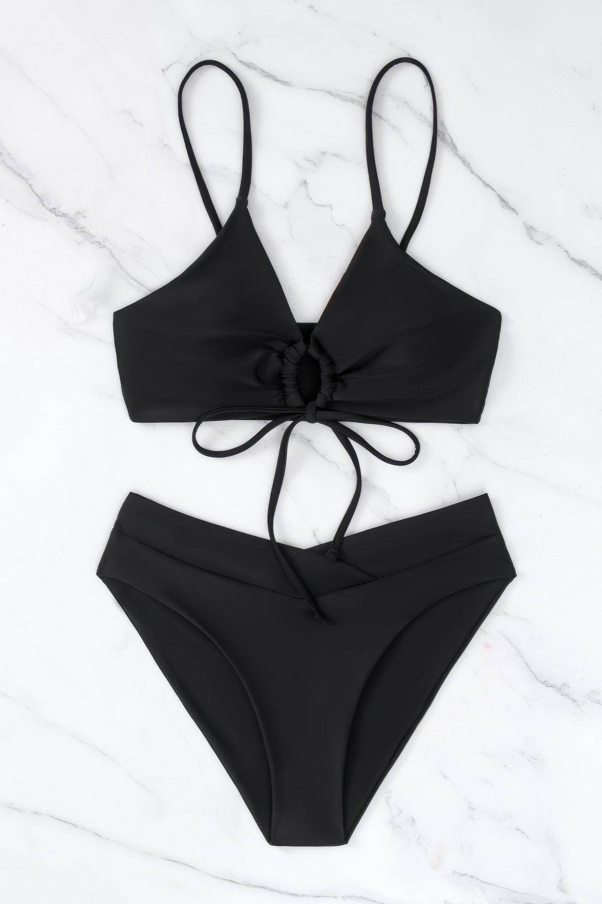 Front Tie O Ring High Waisted Bikini Set Cross Waist Two Piece Swimsuit