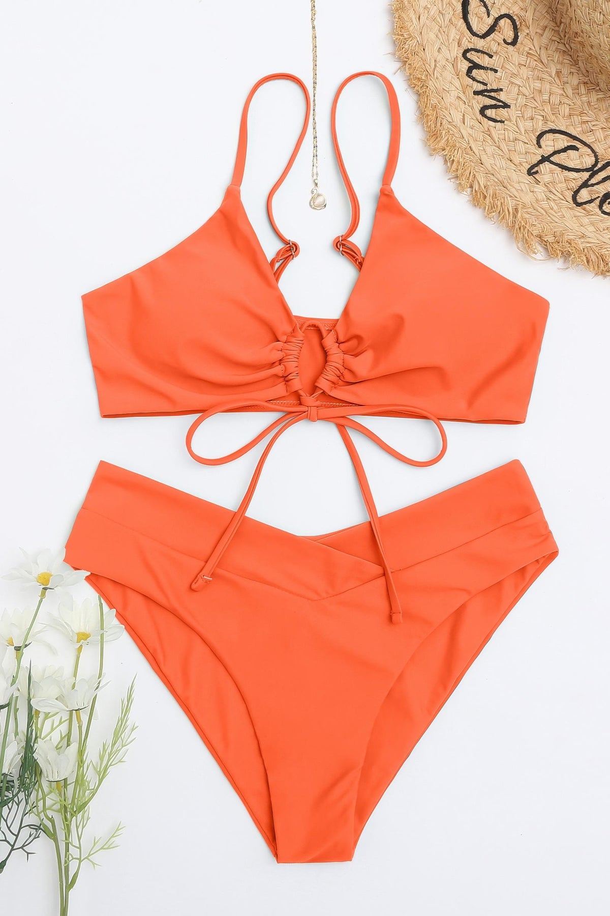 Front Tie O Ring High Waisted Bikini Set Cross Waist Two Piece Swimsuit