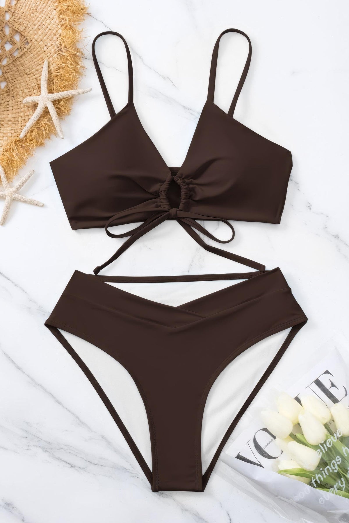 Front Tie O Ring High Waisted Bikini Set Cross Waist Two Piece Swimsuit