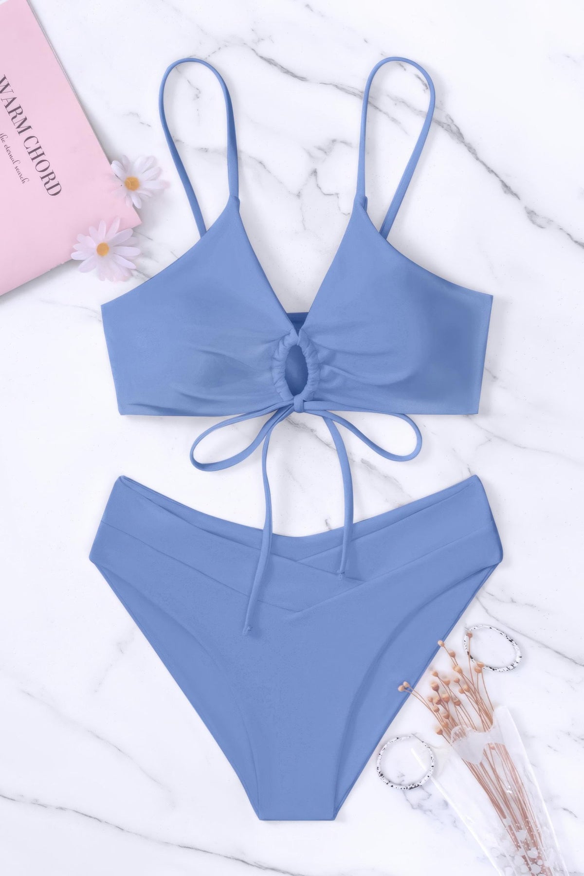 Front Tie O Ring High Waisted Bikini Set Cross Waist Two Piece Swimsuit