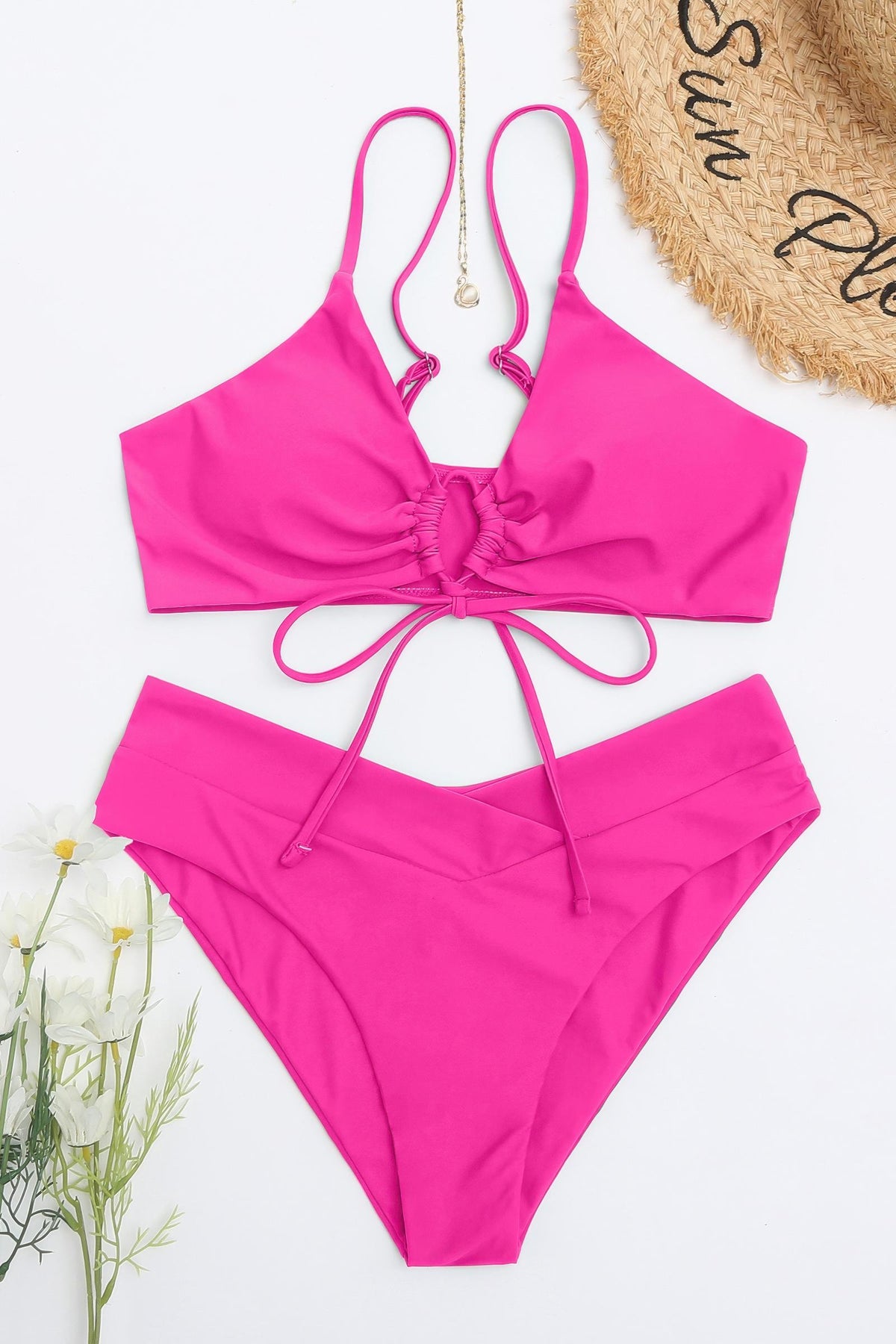 Front Tie O Ring High Waisted Bikini Set Cross Waist Two Piece Swimsuit