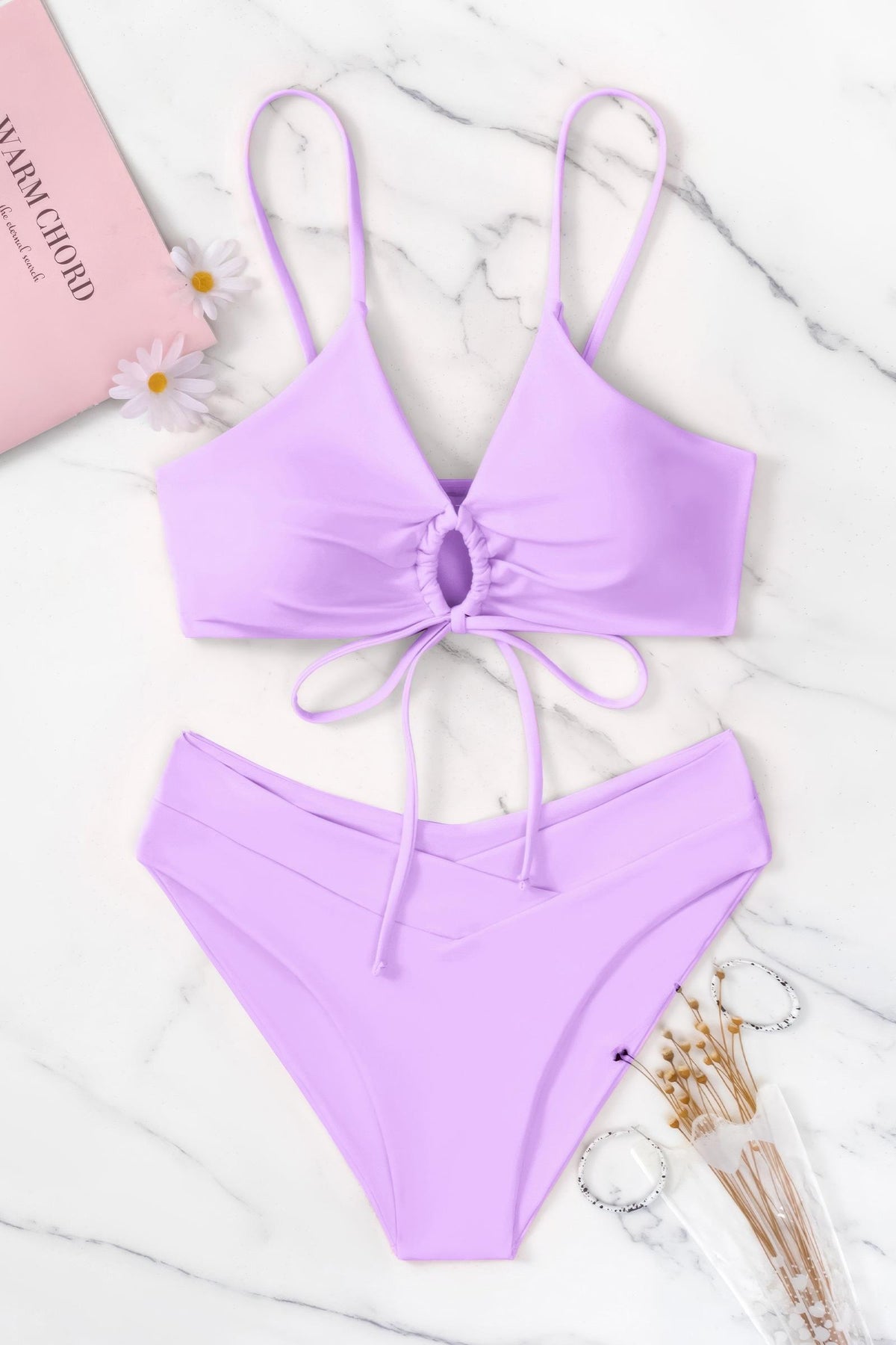 Front Tie O Ring High Waisted Bikini Set Cross Waist Two Piece Swimsuit