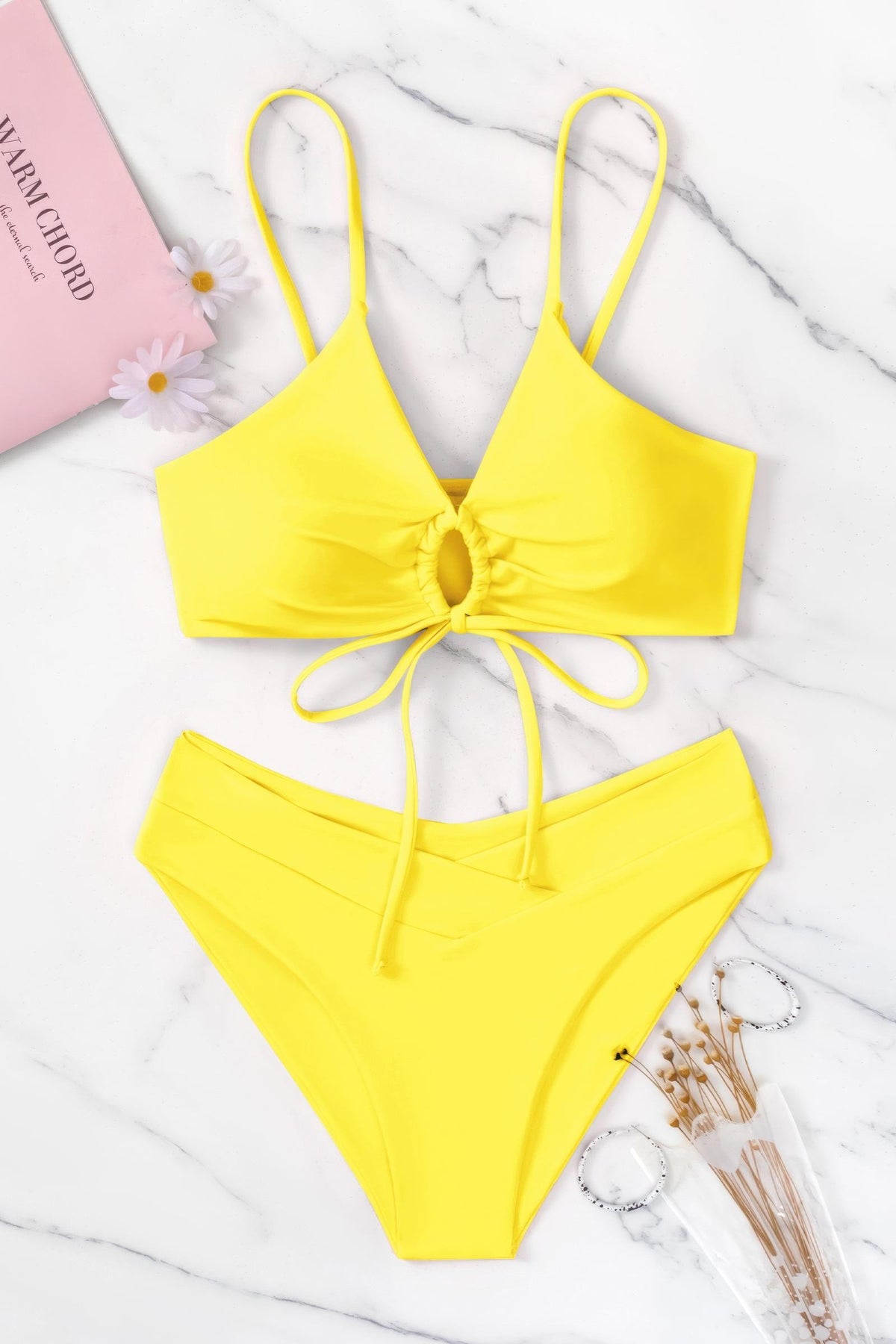 Front Tie O Ring High Waisted Bikini Set Cross Waist Two Piece Swimsuit