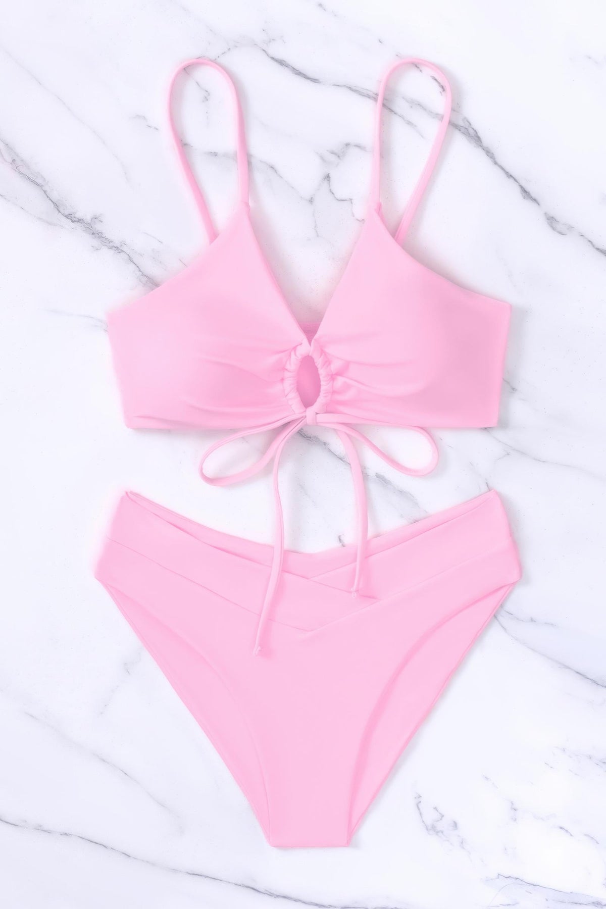 Front Tie O Ring High Waisted Bikini Set Cross Waist Two Piece Swimsuit
