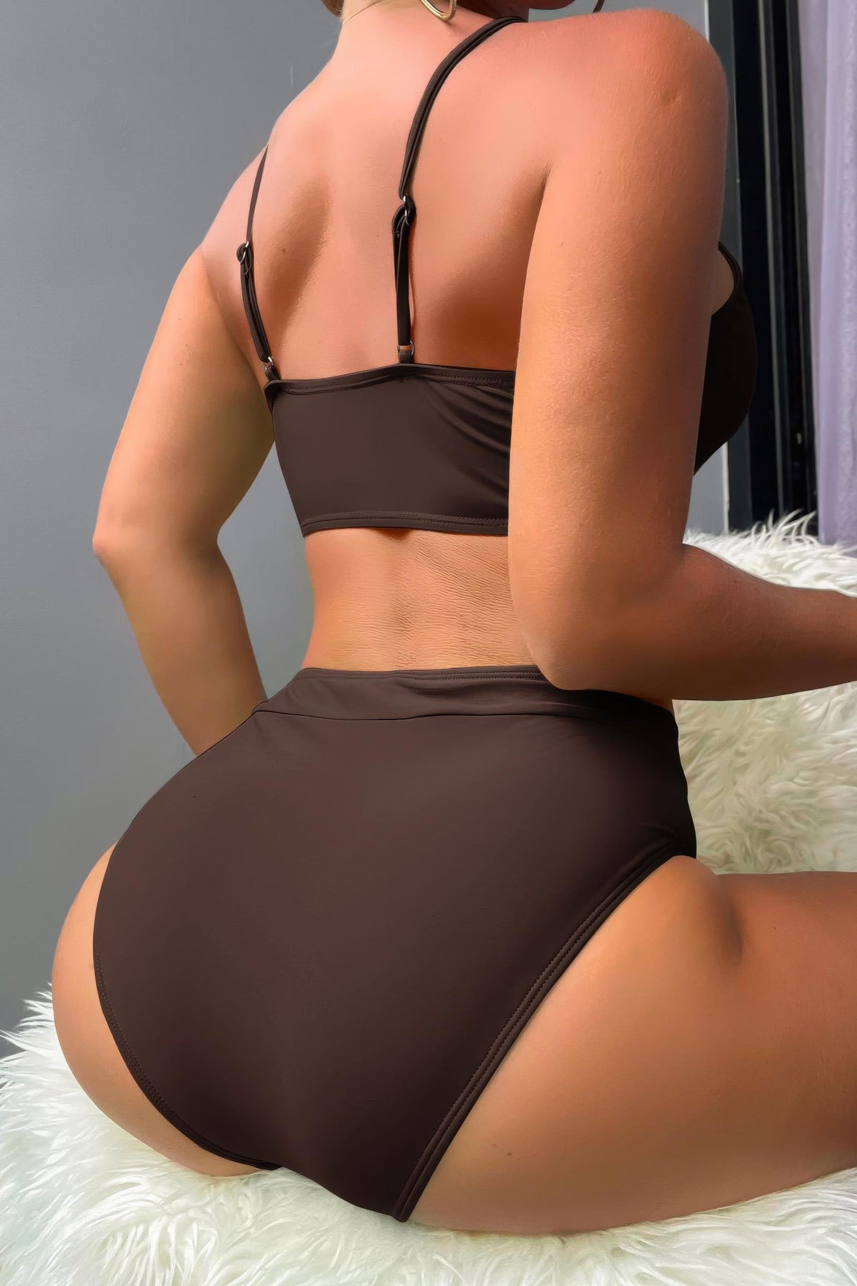 Front Tie O Ring High Waisted Bikini Set Cross Waist Two Piece Swimsuit