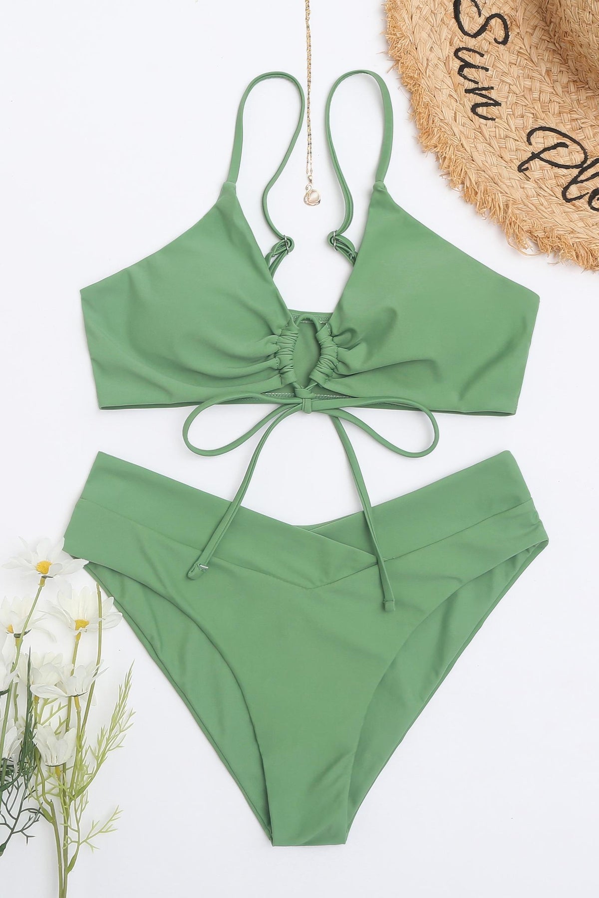 Front Tie O Ring High Waisted Bikini Set Cross Waist Two Piece Swimsuit