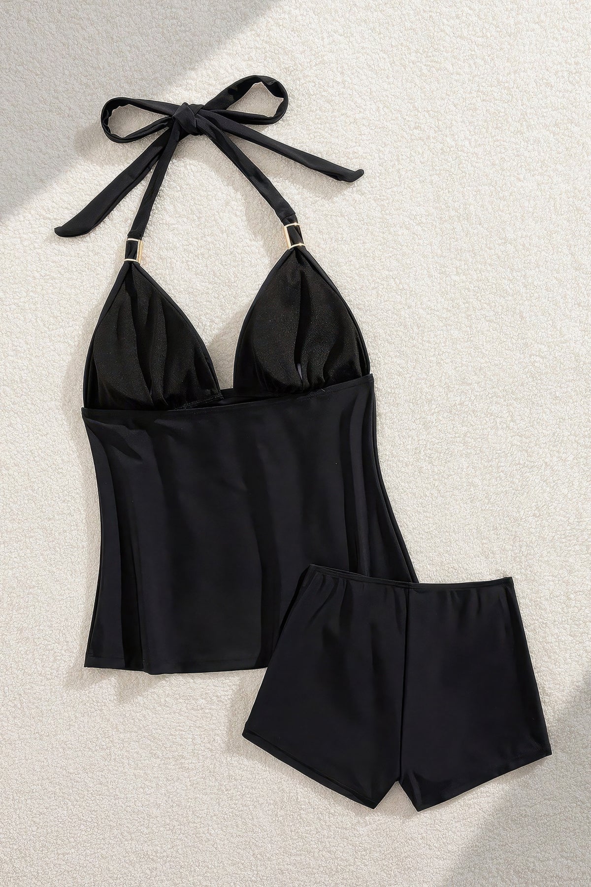 Halter Neck Metallic Accent Tankini Set Boy Shorts Two Piece Swimsuit