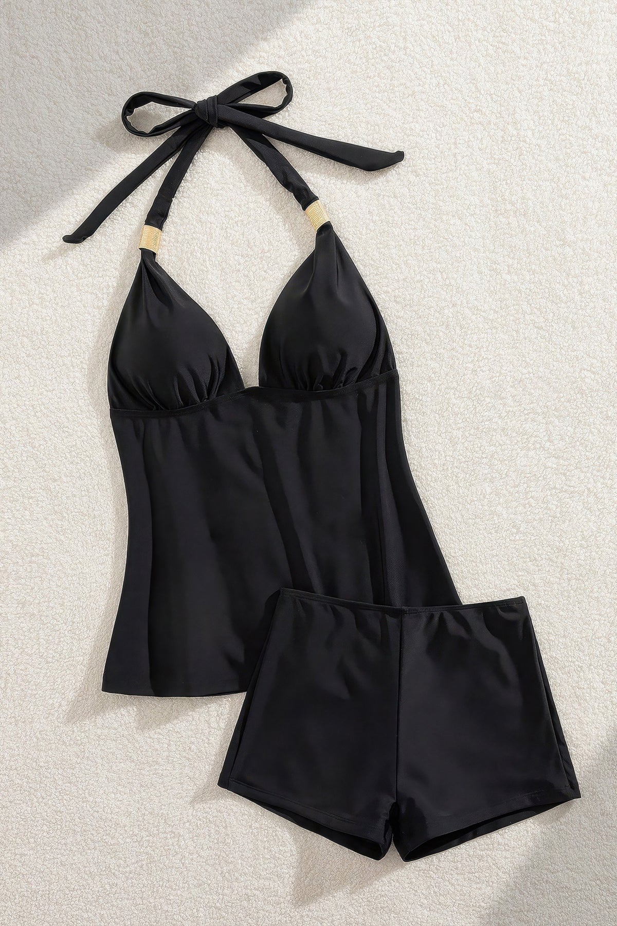 Halter Neck Metallic Accent Tankini Set Boy Shorts Two Piece Swimsuit