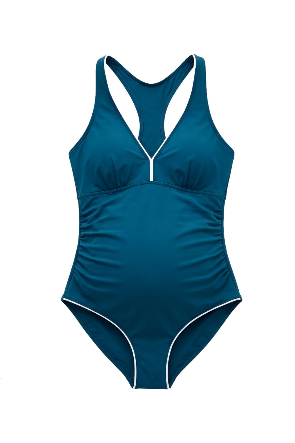 Blue swimsuit with white trim on a white background