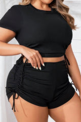 Plus Size Ribbed Short Sleeve Bikini Set Drawstring Boy Shorts Two Piece Swimsuit