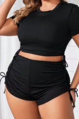 Plus Size Ribbed Short Sleeve Bikini Set Drawstring Boy Shorts Two Piece Swimsuit