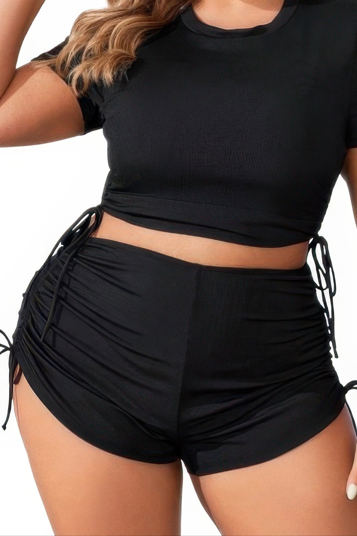 Plus Size Ribbed Short Sleeve Bikini Set Drawstring Boy Shorts Two Piece Swimsuit