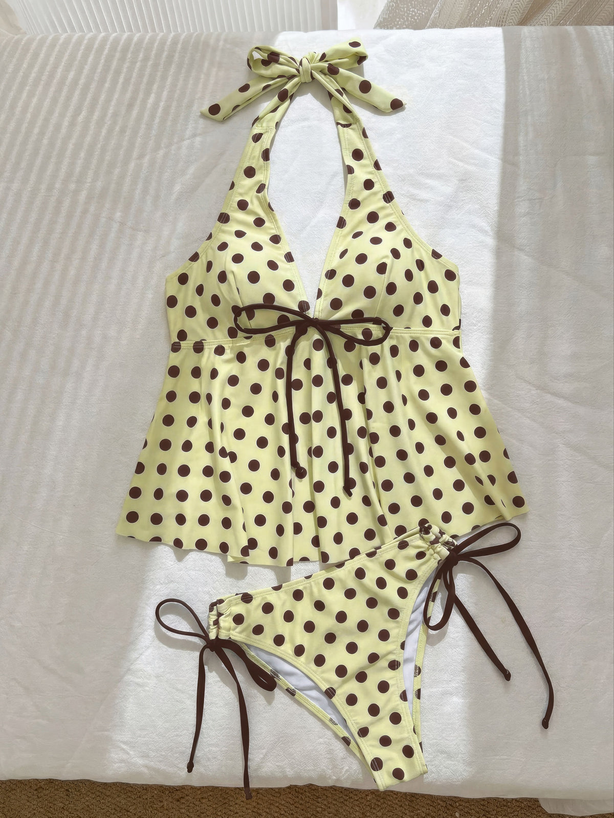 Polka Dot Halter Tankini Set Tie Back Thong Two Piece Swimsuit