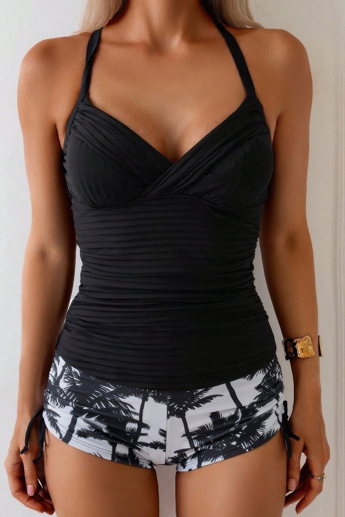 Palm Print V Neck Crossover Tankini with Shorts Two Piece Swimwear