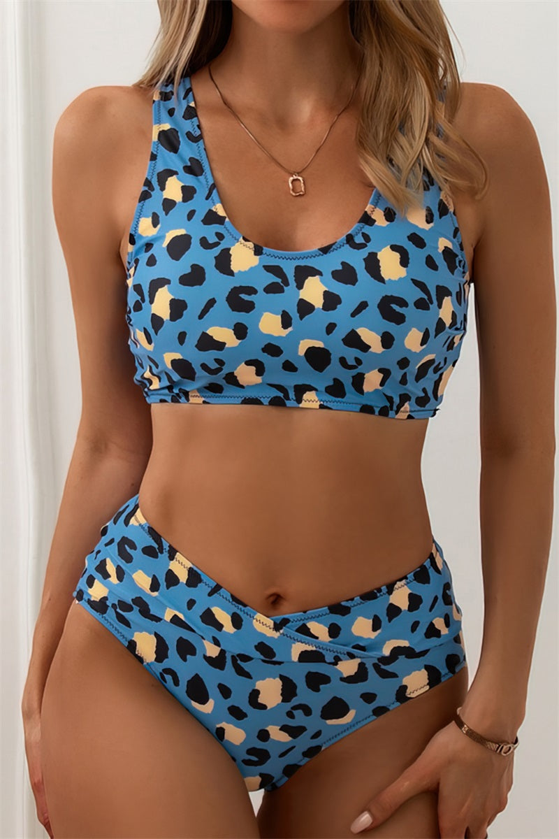 Blue-Cow-Print-Leopard-High-Waist-Two-Piece-Bikini-Set
