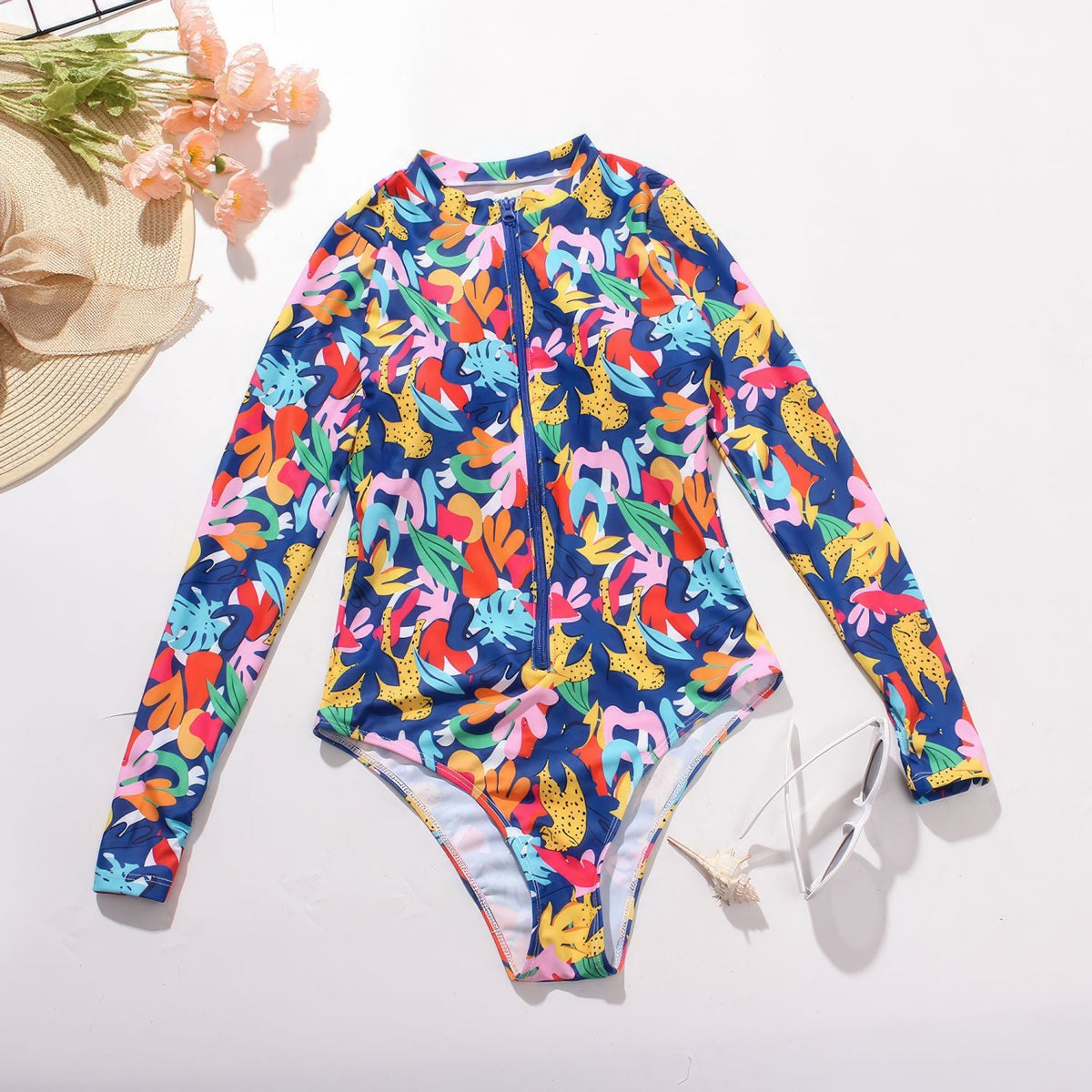 Blue Print Zip Front Long Sleeve One Piece Surf Swimsuit