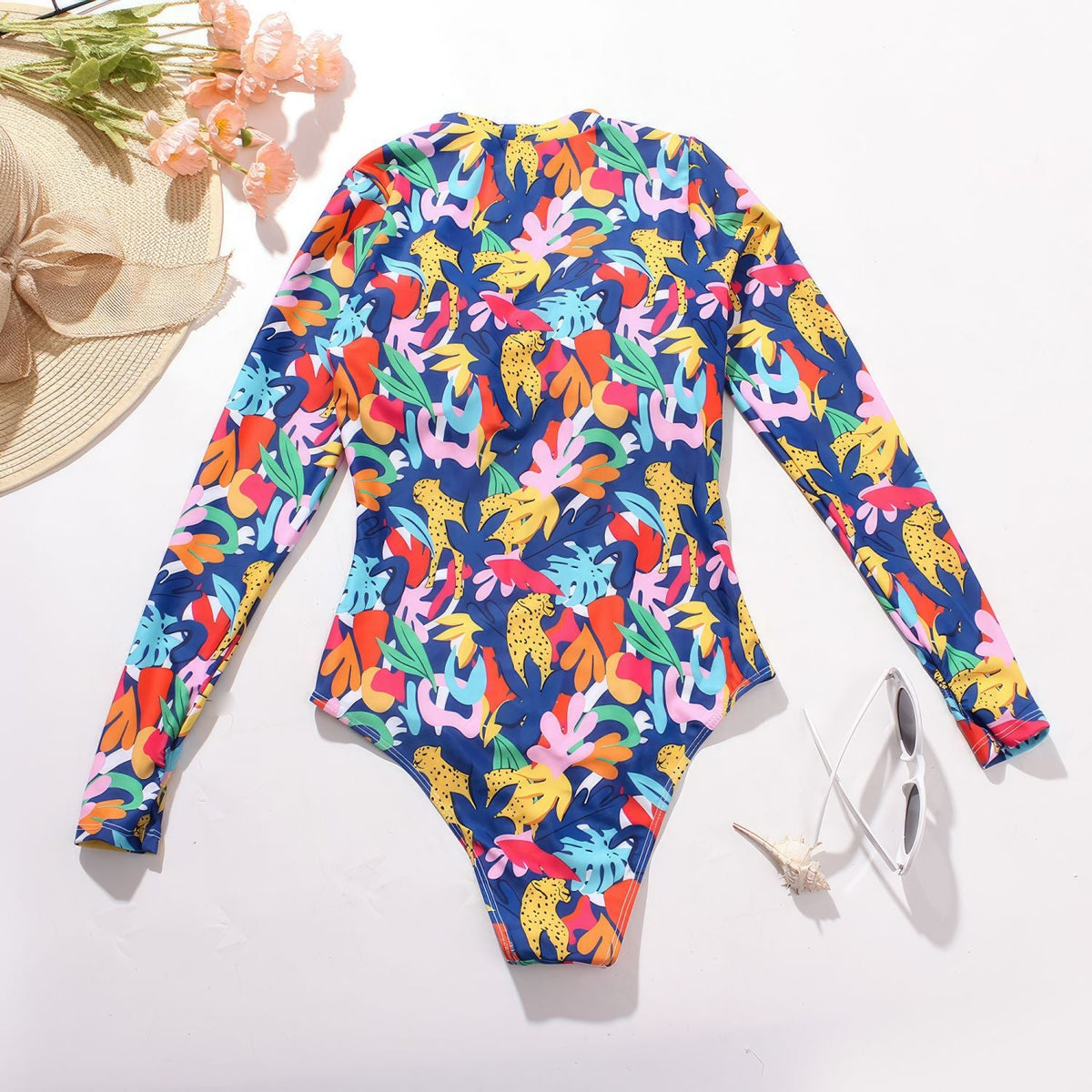 Blue Print Zip Front Long Sleeve One Piece Surf Swimsuit