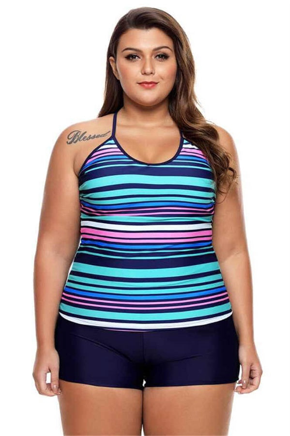 Blue-Stripe-Plus-Size-Shorts-Two-Piece-Tankini-Set Image principale du produit
