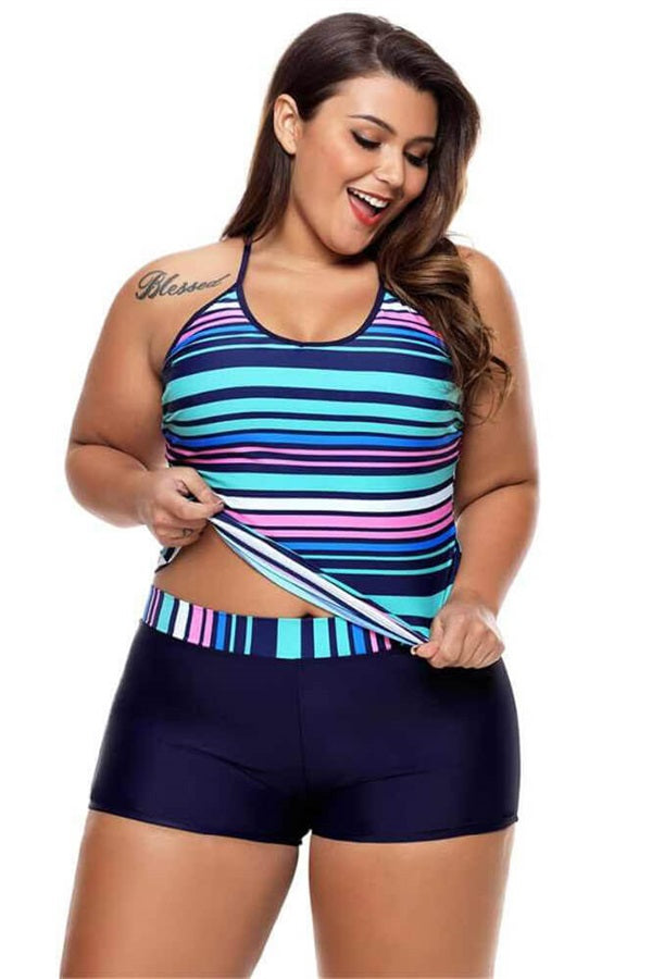 Stripe Blue Plus Taille Shorts Two Piece Tankini Ensemble Image secondaire du produit