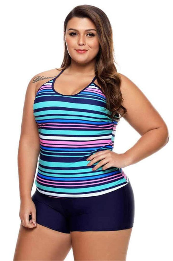 Blue-Stripe-Plus-Size-Shorts-Two-Piece-Tankini-Set