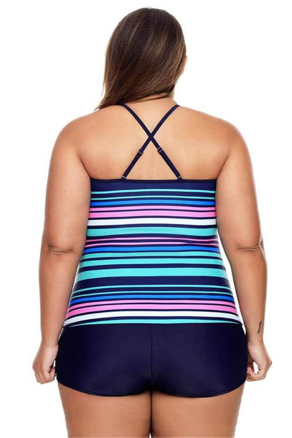Blue-Stripe-Plus-Size-Shorts-Two-Piece-Tankini-Set