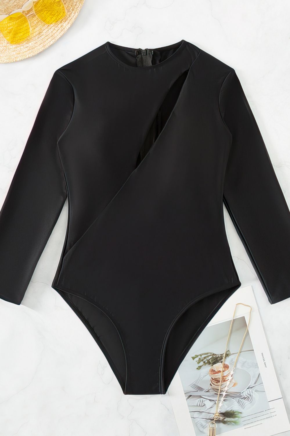 Cut Out One Piece Swimsuit High Neck Long Sleeve Bathing Suit
