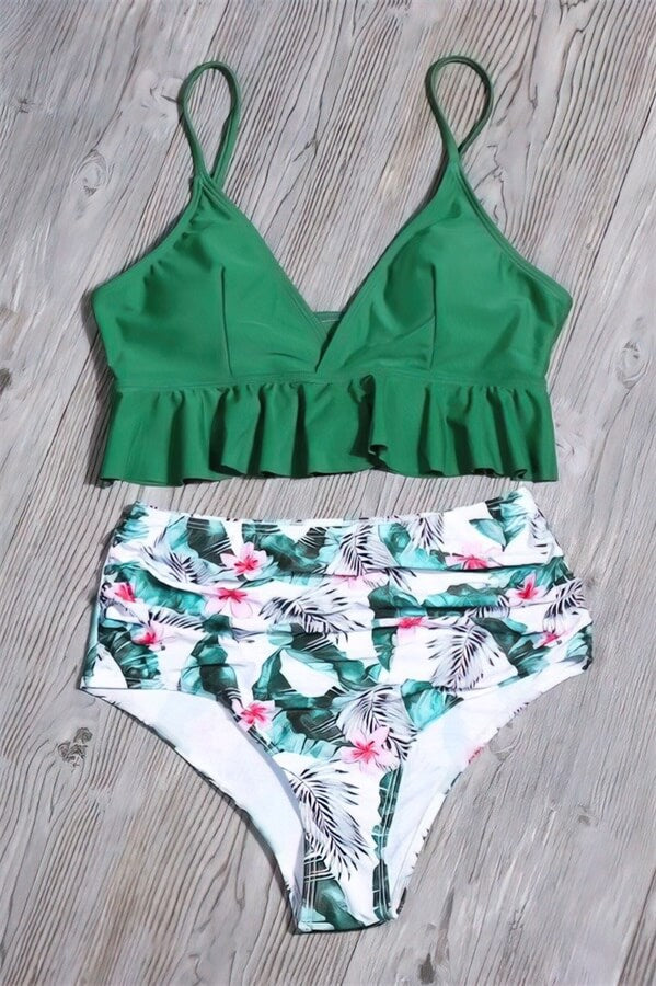 Cute-Green-Ruffle-Floral-High-Waist-Swimwear