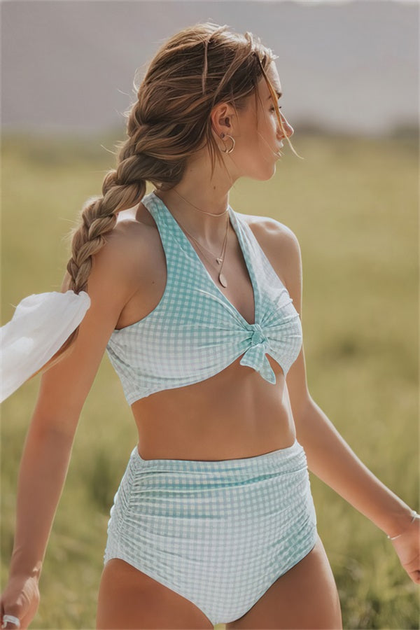 Cute-Lattice-Teenage-Bikini-Two-Pieces-Bathing-Suits-Blue-Green Main image