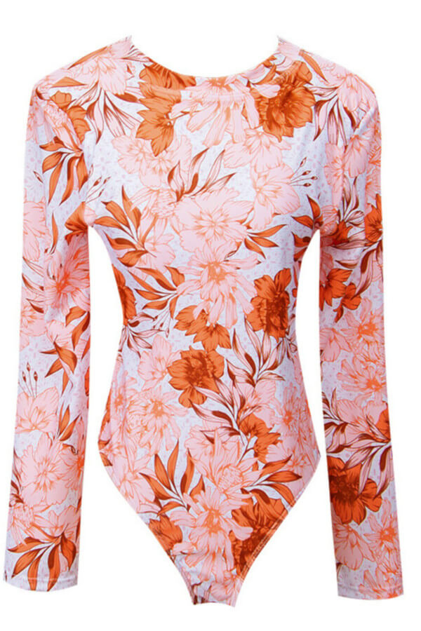 Floral-Print-Long-Sleeve-One-Piece-High-Cut-Surf-Suits-Swimsuit