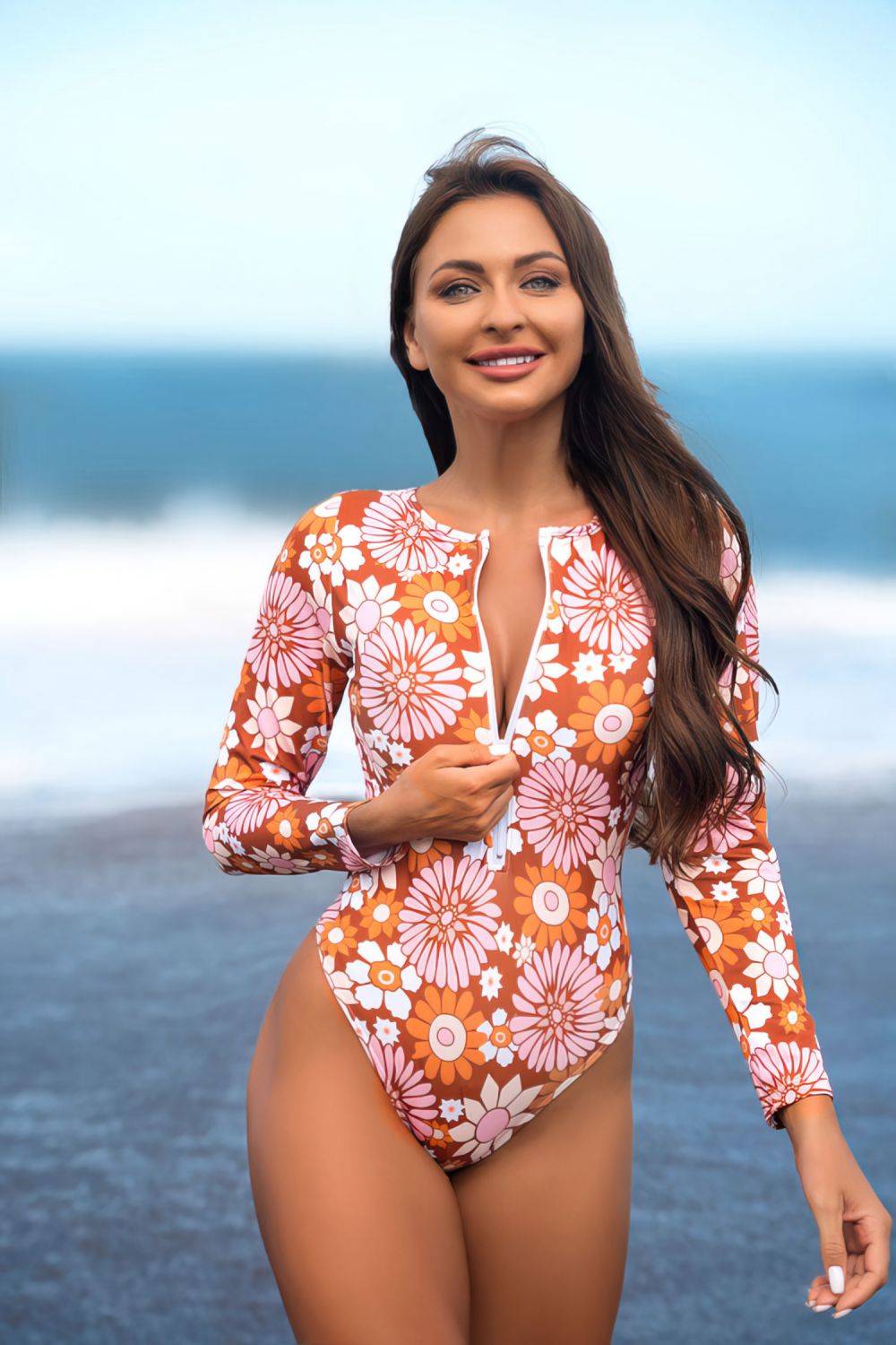 Long Sleeve Swimsuit Front Zip One Piece Swimsuit Floral Print Zip