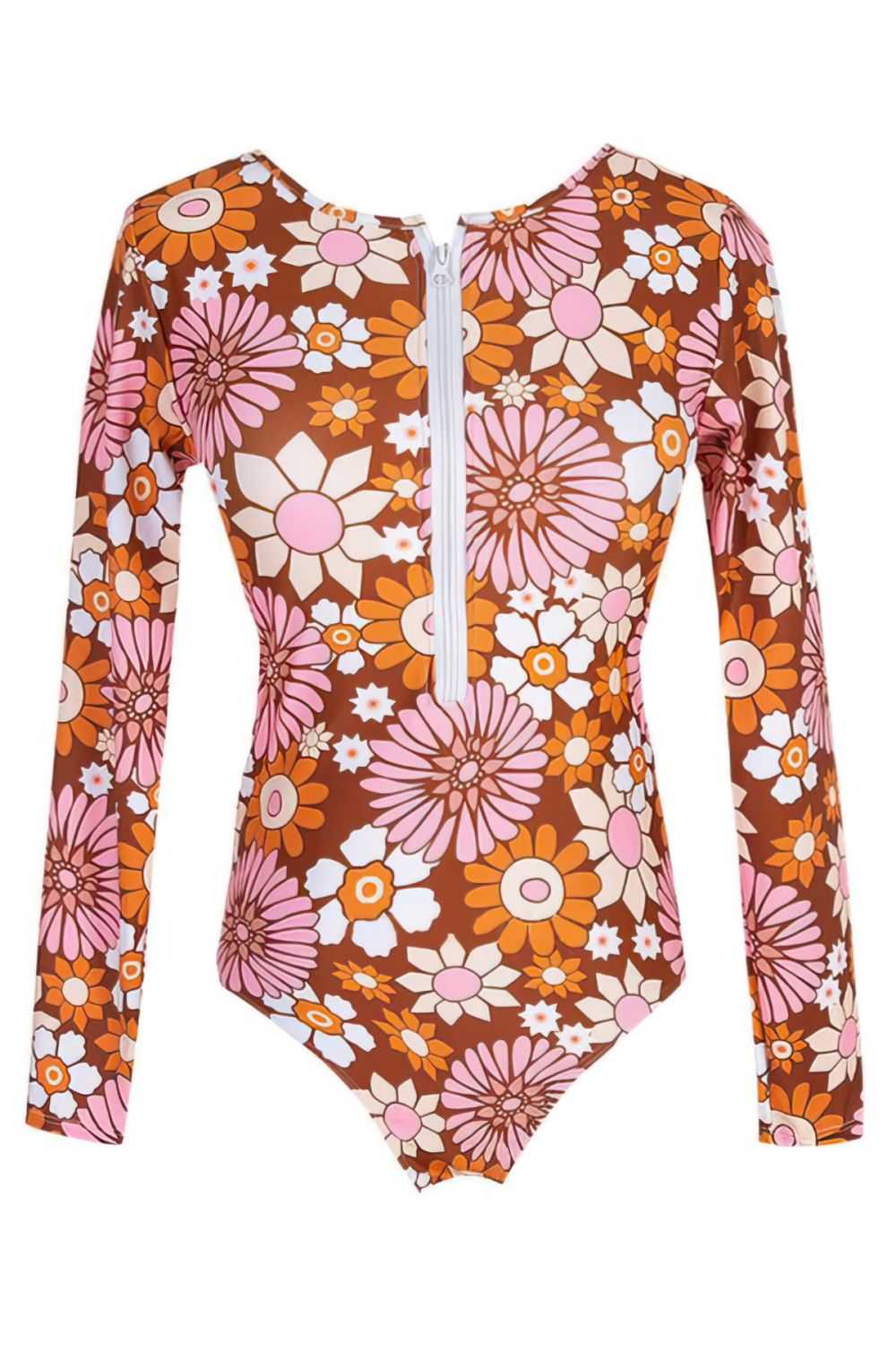 Yellow Floral Surf Long Sleeve One Piece Zipper Swimsuit
