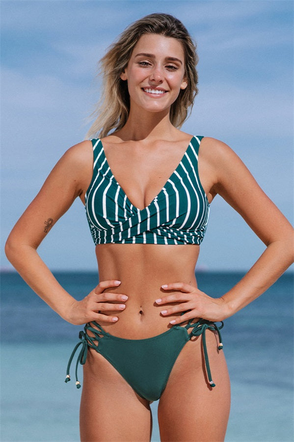 Green-And-White-Striped-Cross-Top-Multi-string-Bottom-Bikini-Set