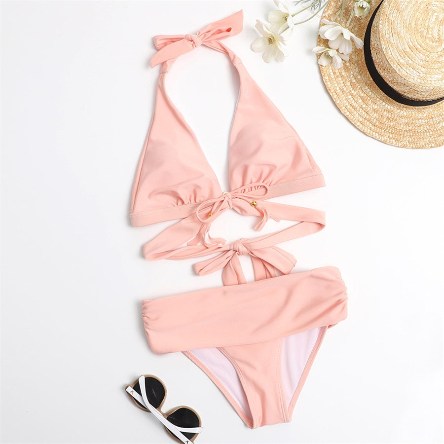 Pink-Front-Tie-High-Waisted-Bikini-Two-Piece-Set