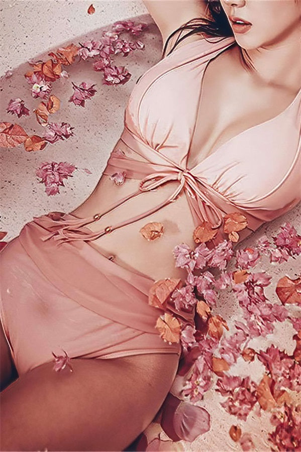 Pink-Front-Tie-High-Waisted-Bikini-Two-Piece-Set