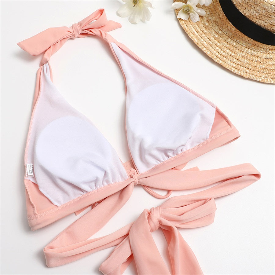 Pink-Front-Tie-High-Waisted-Bikini-Two-Piece-Set