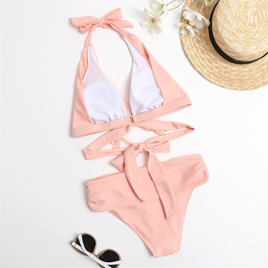 Pink-Front-Tie-High-Waisted-Bikini-Two-Piece-Set