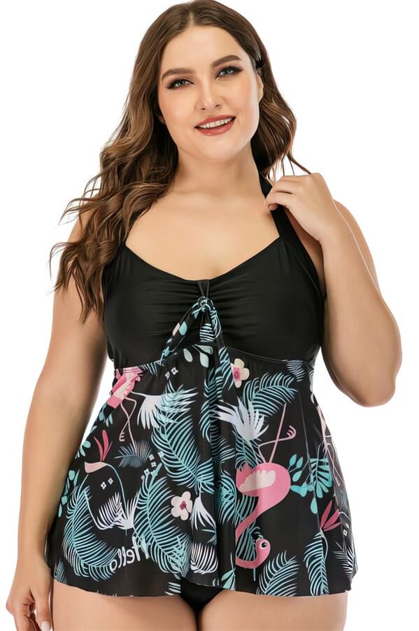 Plus Size Bathing Suits Skirt Swim Dress Halter Two Pieces Swimsuit, Black / L Plus Size Bathing Suits Skirt Swim Dress Halter Two Pieces Swimsuit, Black / L