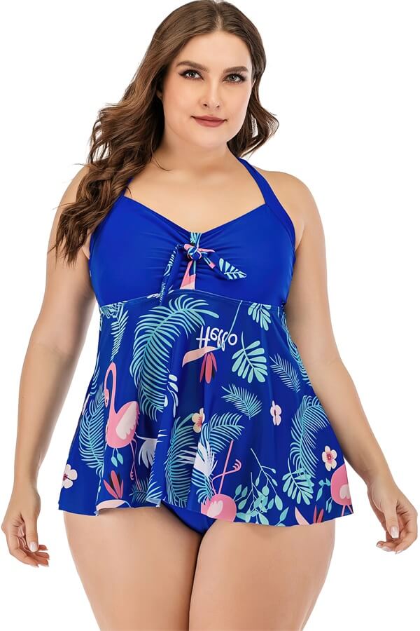 Plus Size Halter Neck Print Top Split Swimwear with Bottom Blue, Blue / 5XL Plus Size Halter Neck Print Top Split Swimwear with Bottom Blue, Blue / 5XL