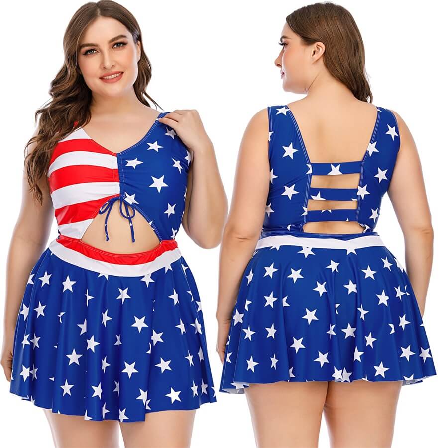 Plus-Size-One-Piece-Dress-Tankini-Swimsuit-America-Flag