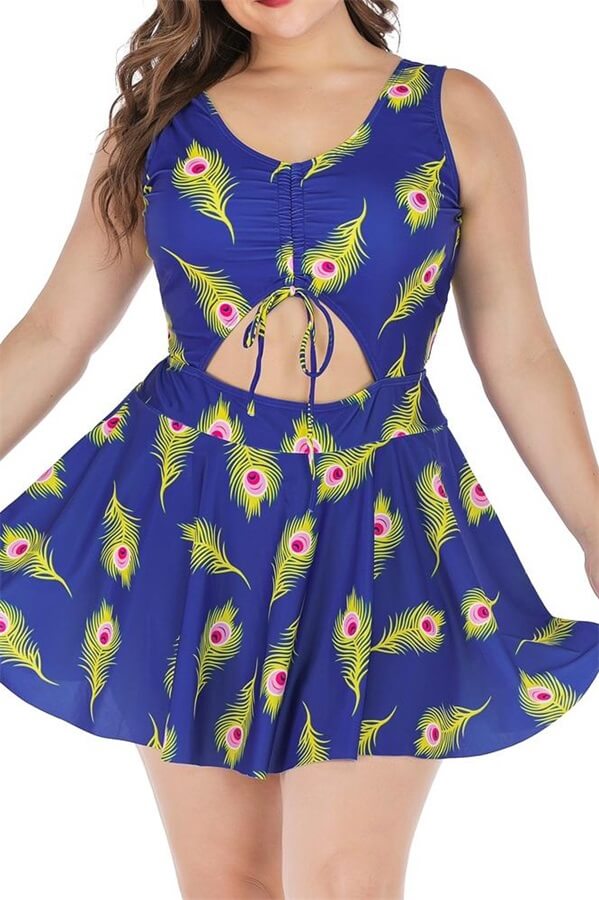Plus-Size-One-Piece-Dress-Tankini-Swimsuit-Blue