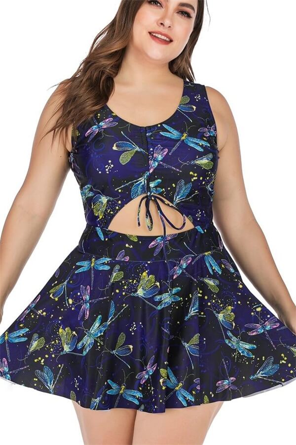 Plus-Size-One-Piece-Dress-Tankini-Swimsuit-Blue