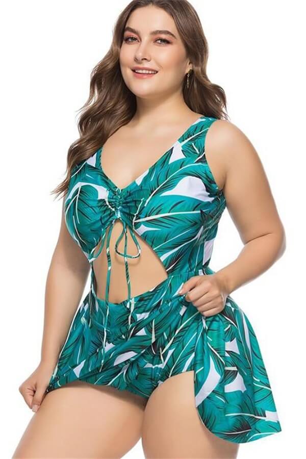 Plus-Size-One-Piece-Dress-Tankini-Swimsuit-Green-Leaf