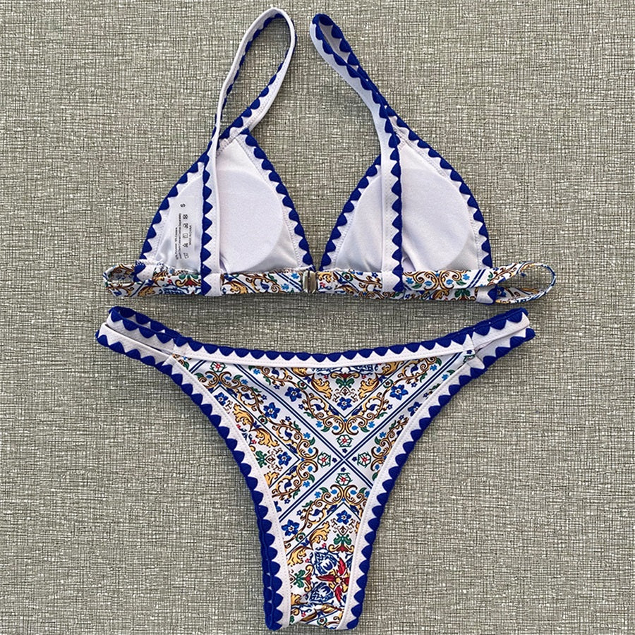 Bikini Microkini de Control de Abdomen con Estampado Retro Sexy