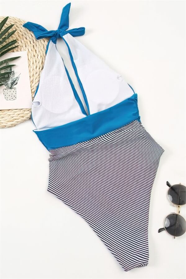 Stripe-Bottom-Deep-V-Pleated-One-Piece-Swimsuit-Blue