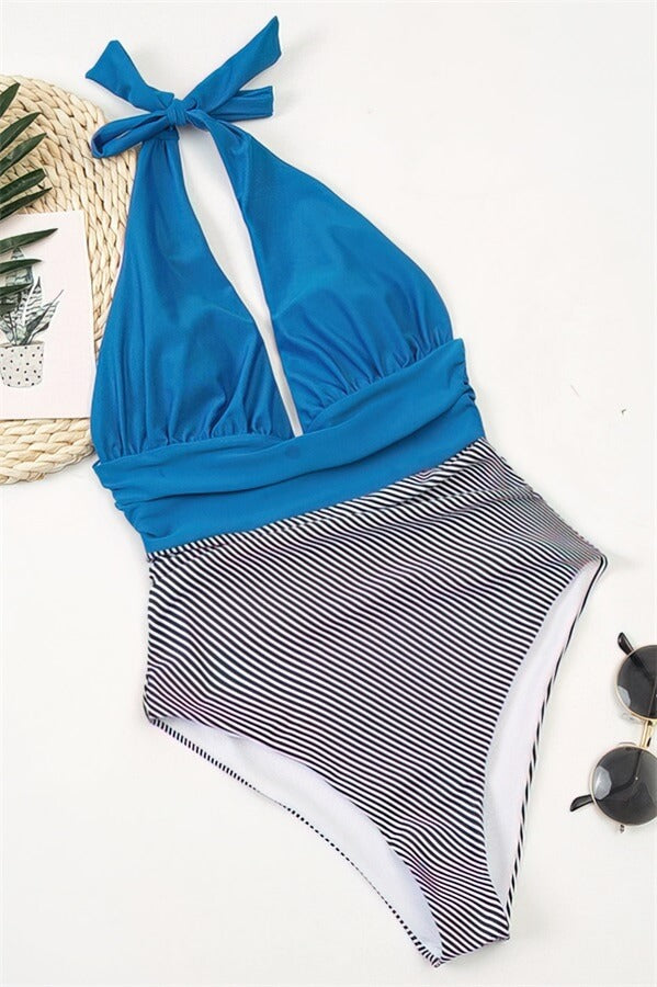 Stripe-Bottom-Deep-V-Pleated-One-Piece-Swimsuit-Blue