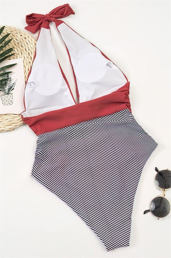 Stripe-Bottom-Deep-V-Pleated-One-Piece-Swimsuit-Red