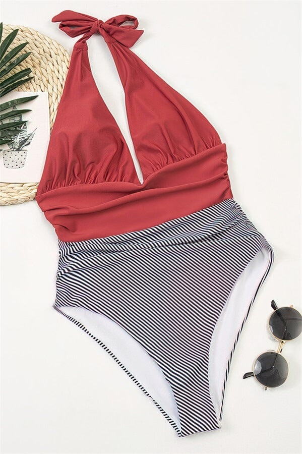 Stripe-Bottom-Deep-V-Pleated-One-Piece-Swimsuit-Red