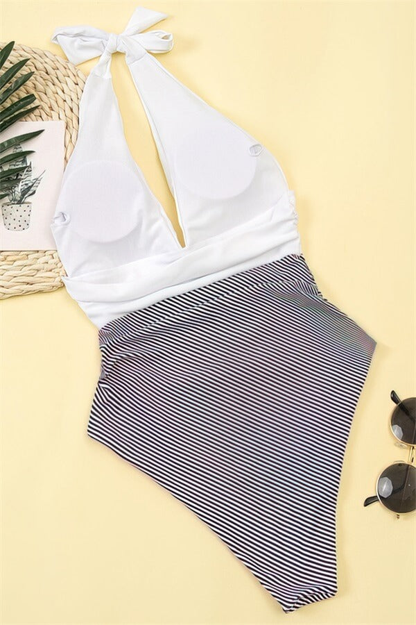 Stripe-Bottom-Deep-V-Pleated-One-Piece-Swimsuit-White